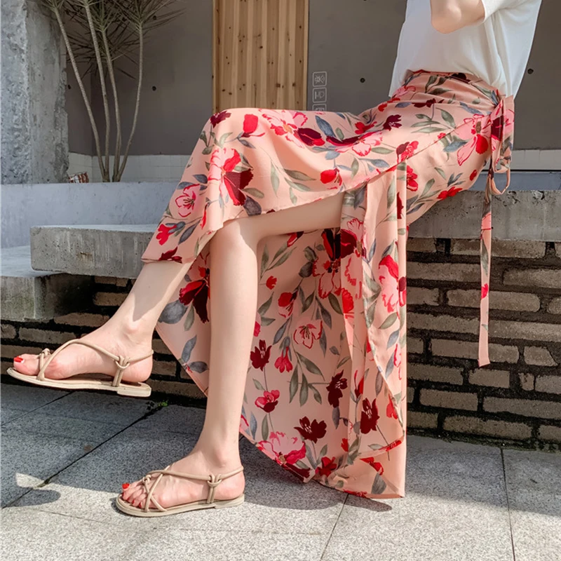 

2020 Women Summer Ankle-Length Skirt Irregular Split Bag Hip Skirt Various Wearing Floral Print Chiffon Slim Bohemian Long Skirt