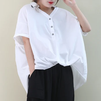 

[EWQ] 2020 Summer New Pattern Lapel Short Sleeve Solid Patchwork Solid Patchwork Single Breasted Vintage Shirt Women AJ046
