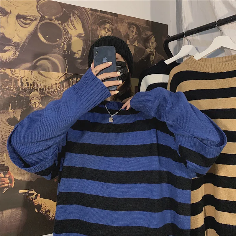 LAPPSTER Men Harajuku Oversized Sweater Fall Pullover Man Fake Two Pieces Streetwear Sweater Korean Fashion Striped Clothes