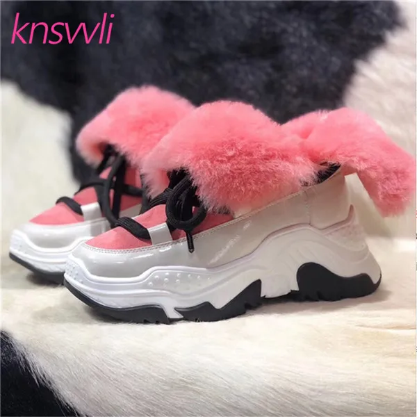 pink Новинка; зимние ботинки на меху; женские повседневные кроссовки; женские зимние ботинки на платформе со шнуровкой; женская теплая обувь на толстой подошве; Zapatos De Mujer - Цвет: pink