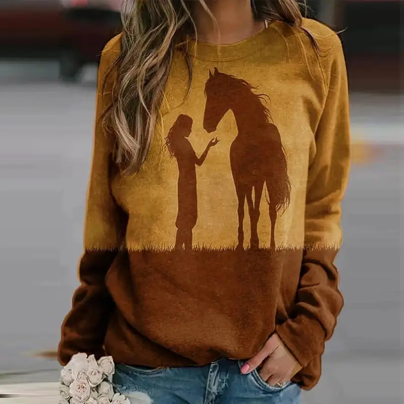 

2020 New Animal Horse Print Women Sweatshirt Fashion Elegant O Neck Women Tops Pullover Autumn Winter Casual Long Sleeve Hoodie