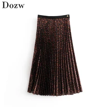 Модная женская плиссированная юбка из искусственной кожи с леопардовым принтом,, винтажная женская элегантная юбка до середины икры с боковой молнией и пуговицами