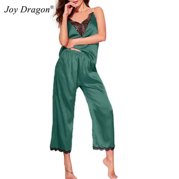 

Women Pyjamas Two-piece Sleep Set Pidzama Damska Sexy Sleepwear Fashion V Neck Sleeveless Lace Stitching Long Pant Pigiama Donna
