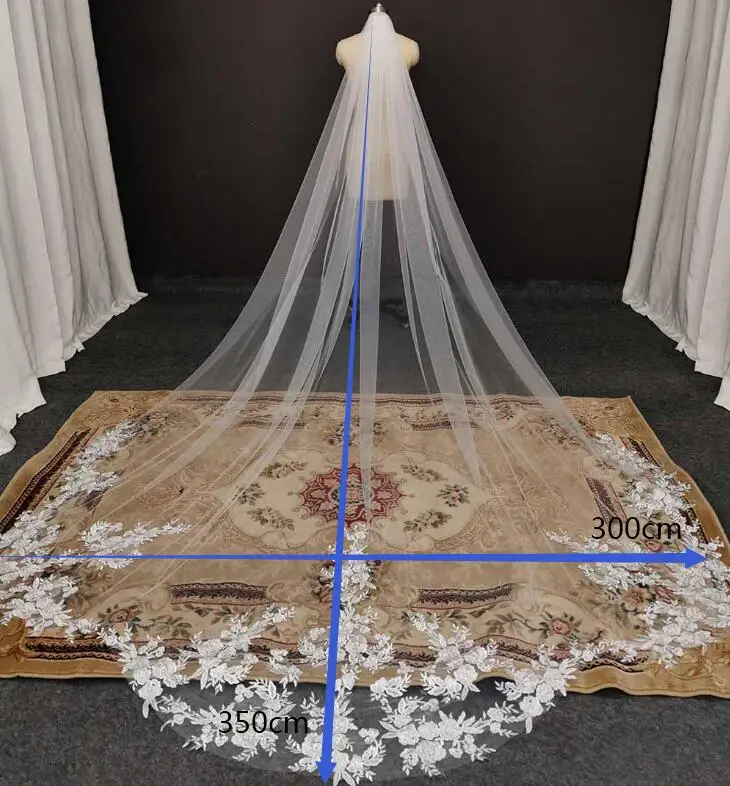 Customized Vintage Wedding Veil 3.5M Long Special Cut Royal Bridal Veil with Comb Bling Sequins Lace