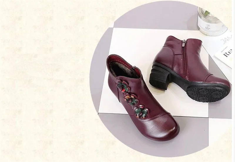 YAERNI Autumn Winter Shoes Woman Cow Leather Flower Shoes Comfort Med Heel Ankle Boots Genuine Leather Fashion Shoes women