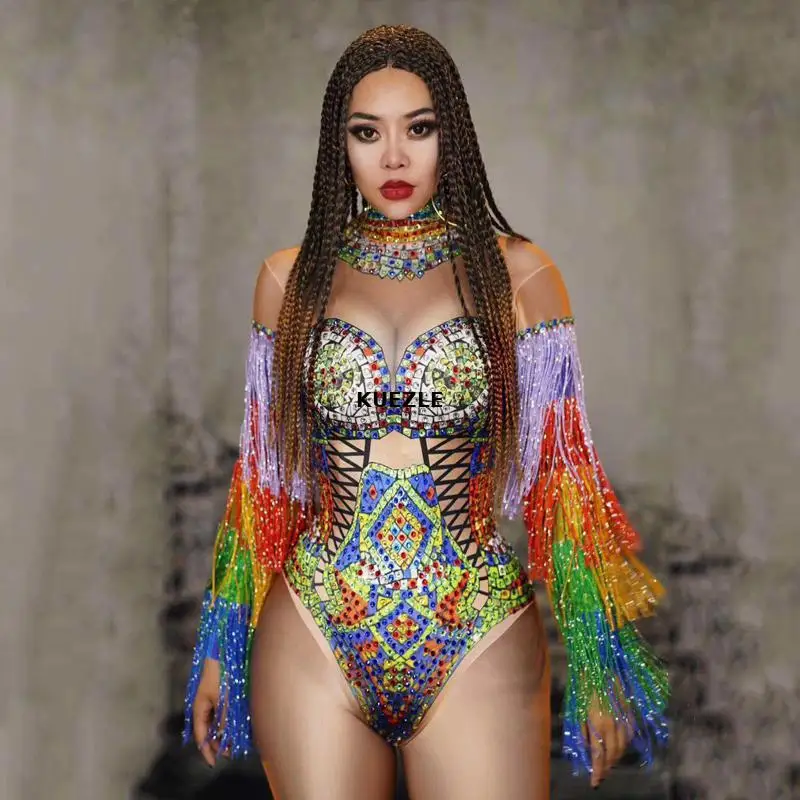 Dj Colourful Tassel Sleeve Jumpsuit Women Rhinestones Dress Singer Stage Clothes Sexy GOGO Dancer Costume Party Fringe Bodysuits |