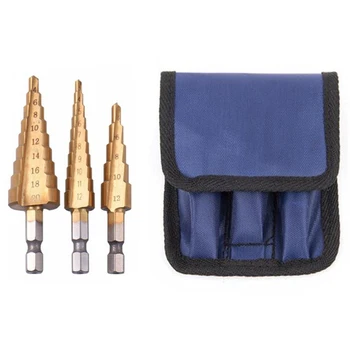 

3Pc Hss Step Cone Taper Drill Bit Set Metal Hole Cutter Metric 3-12 4-12 4-20Mm 1/4 inch Titanium Coated Metal Hex Taper
