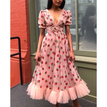 

Strawberry Embroidery Cascading Ruffle Design V-neck Mesh Dress 2020 Female Short Sleeve Sweet Maxi Holiday Party Dresses