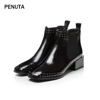 

2019 PENUTA Chelsea Boots Women Med Heel Studded Ankle Boots Ladies Elastic Short Gladiator Shoes High Quality Newest PD9102