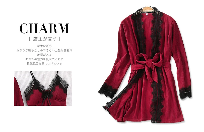 Queenral 3PCS Pyjama Femme Long Sleeve Pijama  For Women Sleepwear Set Home Clothes Pajamas Sets Sexy Lace Robe Pajamas         5