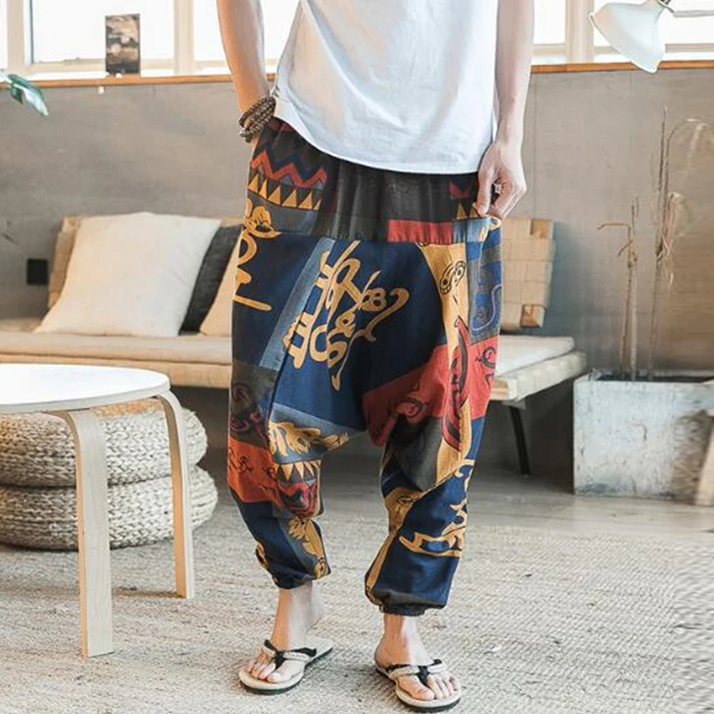 INCERUN 2022 Men Harem Pants Print Retro Drop Crotch Joggers Cotton Trousers Men Baggy Loose Nepal Style Men Casual Pants S-5XL high waisted harem pants Harem Pants