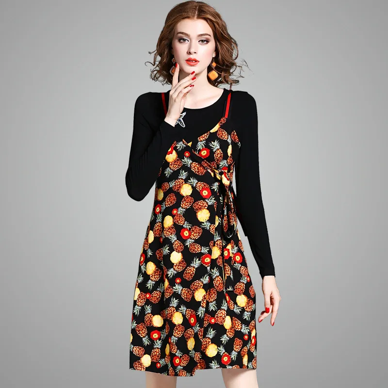 

Closeout Special Offer Non-Exchangeable Autumn New Style Black And White with Pattern Sleeves + Rome Printed Strapped Dress Two-