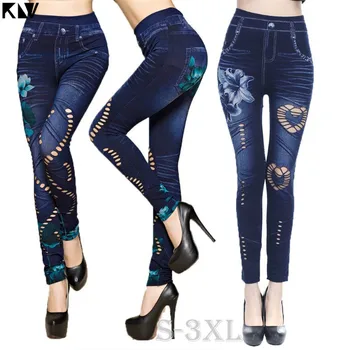 

2020 Fashion Plus Size Women Leggings Floral Print Faux Denim High Waist Seamless Hollow Out Leggings Pencil Pants