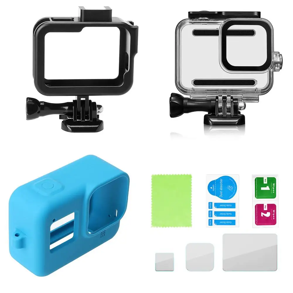 Set with blue cover BGNing 60m Waterproof Protective Case Soft Silicone Cover Plastic Cage Kit with HD Screen Protector Set for Gorpo Hero 8 Black - Цвет: Set with blue cover
