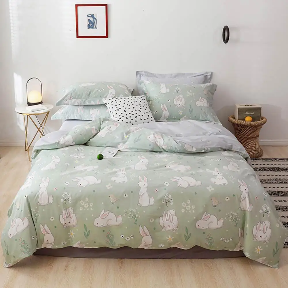 

2019 Light Green Bunny Floral Duvet Cover Set High Count Cotton Bedlinens Twin Queen King Flat Sheet Fitted Sheet Bedding