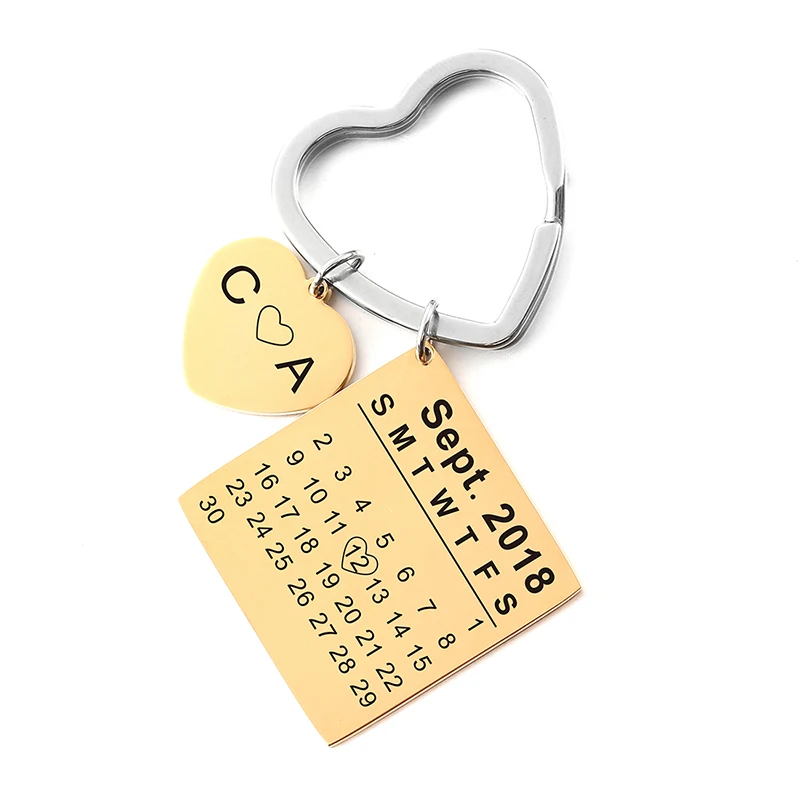 

Personalized Birth Year Date Calendar Keychain Heart Keyring Custom Lover Initial Name Tag Key Chain for Women Jewelry Love Gift