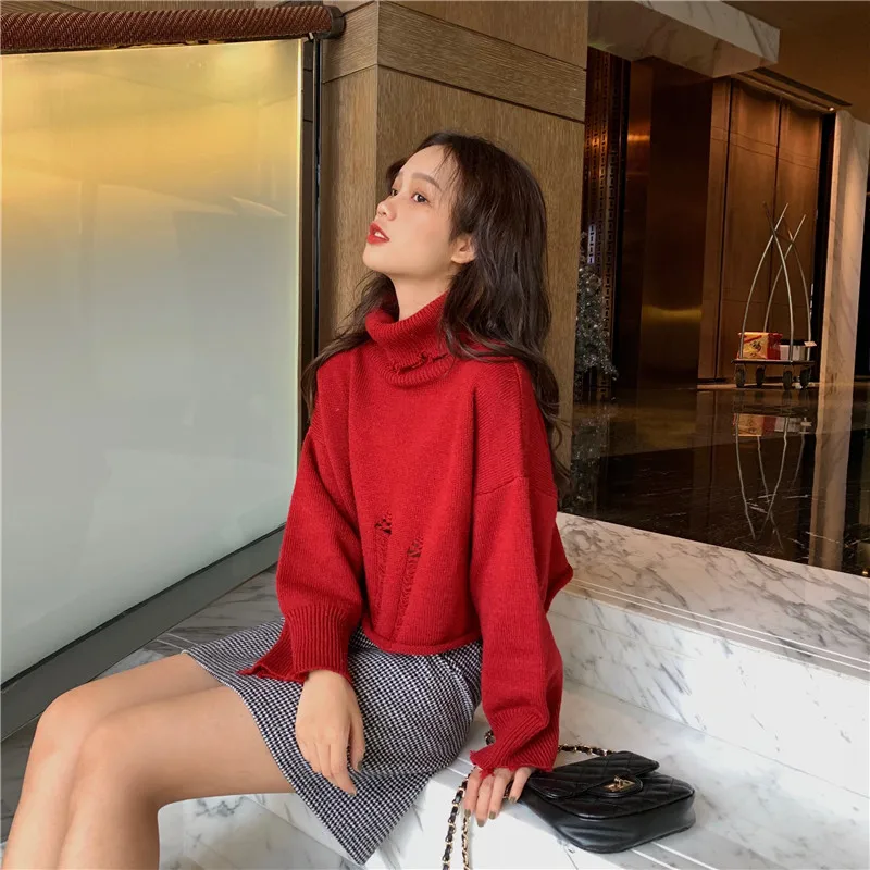 autumn winter clothes women sweaters casual loose crop top Hole turtleneck pullovers Korean style plus size knitted ladies tops