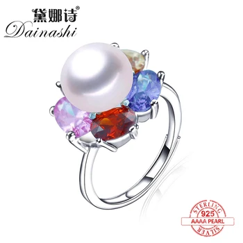 

Clearance Sale！MultiColor Flower Zircon 100%Natural Freshwater Pearl Rings For Women Fashion 925 Sterling Silver Adjustable Ring