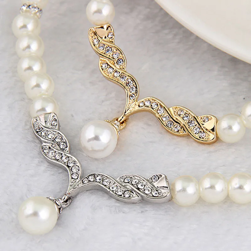 Creative Gold Color Necklace + 1 Pair Earrings Wedding Bridal Pearl Jewelry Set For Women Lady Female