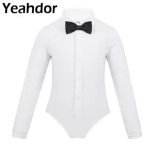 Детские цельные танцевальные костюмы для латинских танцев для мальчиков, Детский комбинезон с длинными рукавами и бантом, трико для танцев с рубашкой, боди, Современная Одежда для танцев