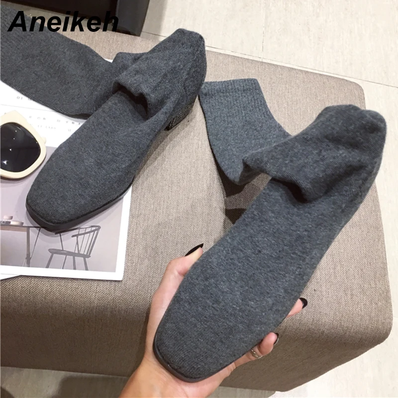 Aneikeh/ г. Весенние модные женские ботфорты обувь на низком квадратном каблуке пикантные ботинки без застежки с квадратным носком однотонные вечерние офисные Ботинки