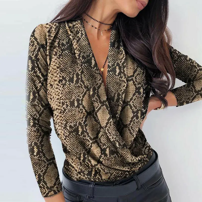 

Womens Shirts Slim Blouse Draped Long Sleeve Solid Color Slim Shirts Fashion Office Ladies Deep V-Neck Leopard Print Tops Shein