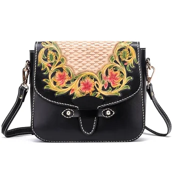 

Chinese Style Hand Engraved Genuine Leather Women's Small Summer Flower Purse Cow Skin Female Saddle Bag Lady Cross Shoulder Bag