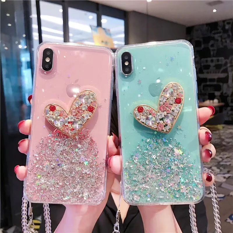 

case for iPhone 11 XR 7 8 11 Pro Max X XS Max Plus 6 6s cover Silver foil Rhinestone Love heart Mobile Phone Shell Soft