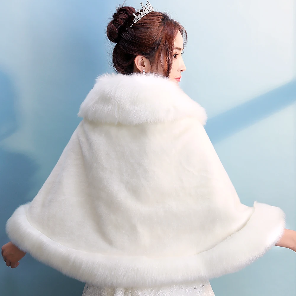 Winter Warm Wedding Bridal Faux Fur Rolled Cloak Lapel Formal Thicken Shrug Thermal Shawl for Lady Elegant Daily Dinner Cape
