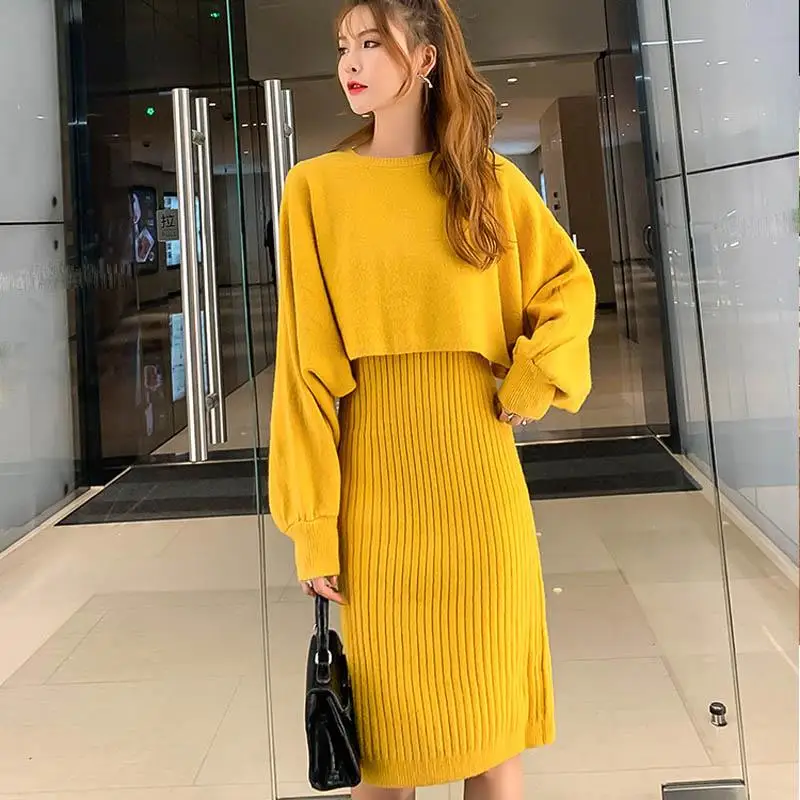 

Fall Dress Solid Loose Two-Piece Set Winter Knitwear O-Neck Woolen Suit Casual Sweater Batwing Sleeve Two-Piece Set Female