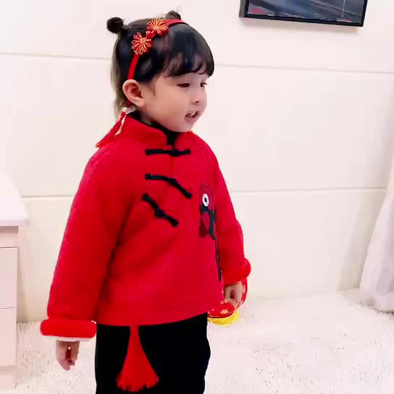 Новогодний костюм Tang для маленьких девочек, блузка с длинными рукавами и вышитым рисунком Koi, пальто Топы+ штаны, зимние брюки, От 6 месяцев до 5 лет