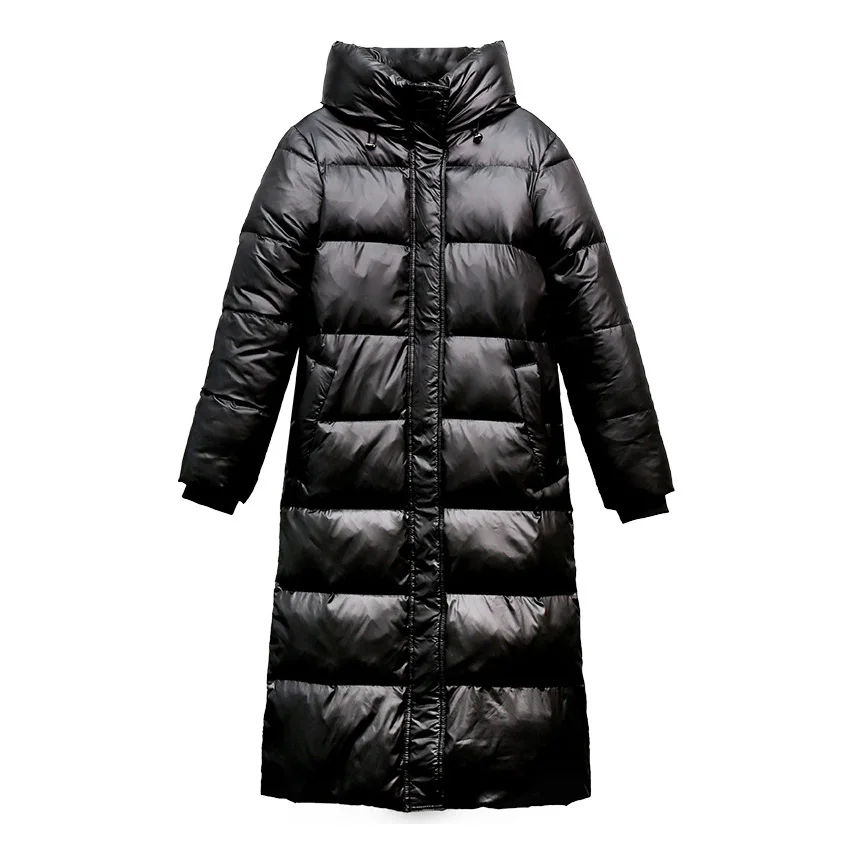 Длинный черный пуховик, пальто, женская теплая Корейская ветровка, толстый 90% белый утиный пух, женский зимний пуховик, пальто