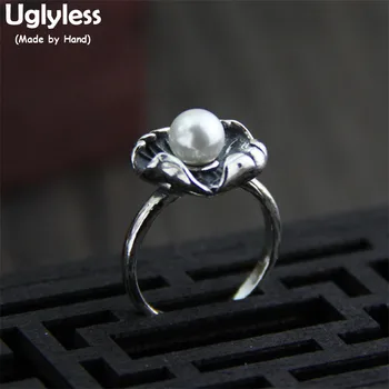 

Uglyless Real S 925 Sterling Thai Silver Women Elegant Pearl Rings Opening Handmade Engraved Lotus Leaf Ring Ethnic Fine Jewelry