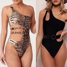 Черный сексуальный сдельный купальник женский топ на одно плечо купальный костюм с высокой талией монокини с поясом пляжная одежда