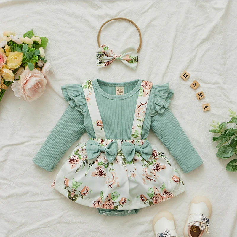 Baby Clothing Set for girl Newborn Baby Girl Floral Dresses 3Pcs Outfits New Knitted Long Sleeve Jumpsuit+Sweet Kids Bow Dress+Headband Baby Sets Clothing baby clothing set long sleeve	 Baby Clothing Set