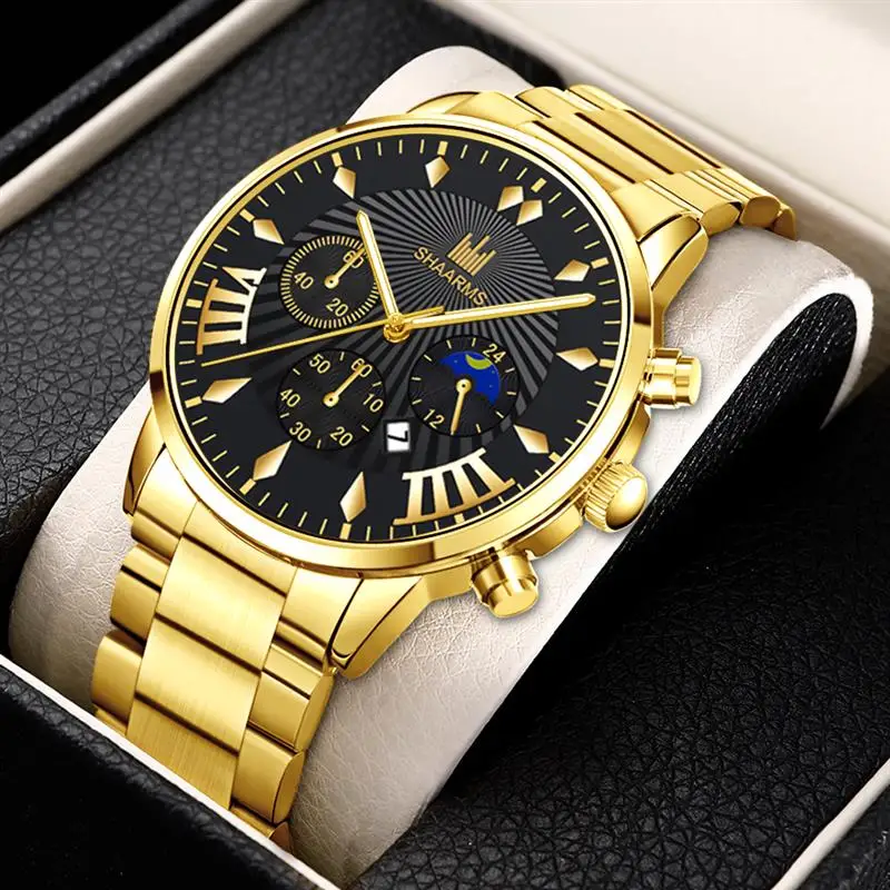 

SHAARMS Relogio Masculino Stainless Steel Band Quartz Wristwatch Gold Men Watch Sport Fashion Business Watches Reloj Hombre