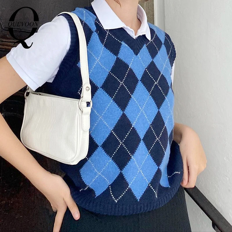 

QUEVOON Blue Color Sleeveless Pullover Sweaters Plaid Causal One Size Knitting Women Tops Winter Autumn Fit Sweater Vest 2020