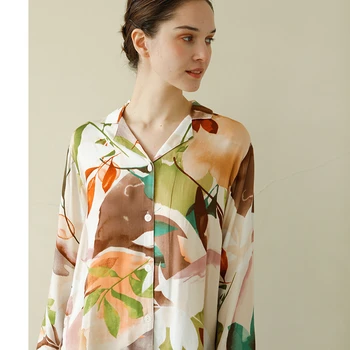 

Spring Pajamas for Women New Ladies Pajamas Rayon Satin Maple Leaf Rendering Printing Long-sleeved Casual Household Women's Wear
