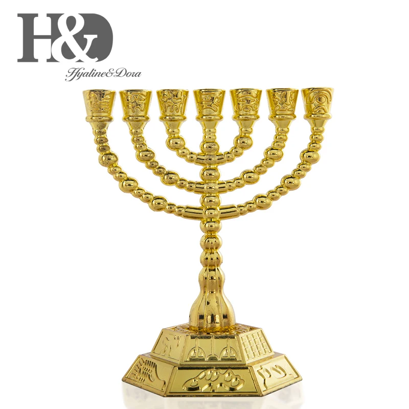 H&D 12 племен Исраила Menorah Jerusalem Temple 7 филиал еврейский Hanukkah декоративные свечи держатели для палочек золото 4,3 дюймов