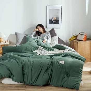 

Green Washed Comforter Double Side Solid Color Quilt Grey Thicken Blanket For Winter Autumn Soft Warm Simple Modern Home Textile