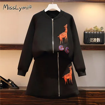 

L-4XL Plus Size Women Cotton Two Piece Set Autumn 2020 Cute Cartoon Deer Embroidery Long Sleeve Cardigan and Zipper Mini Skirts