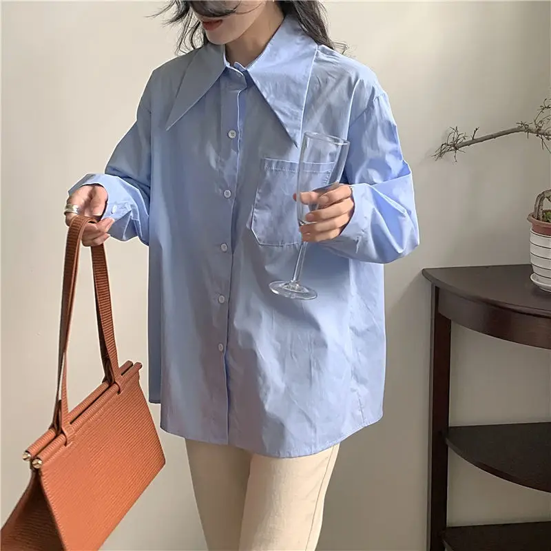 

White Shirts Womens Korean Boy Friend Style Big Point Collar Loose Oversize Blouse Lady Casual Pocket Long Sleeve Button Up Tops
