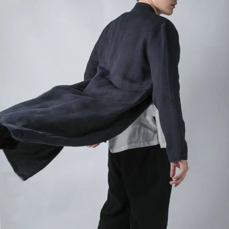 Мужские черные куртки в уличном стиле мужские s хлопково-Льняная куртка пальто мужской китайский стиль хип хоп длинный ветровка пальто плюс размер