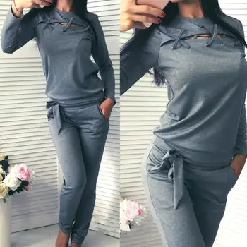 

New 2Pcs Women Tracksuit Cut Out Lace Up Sweatshirt Pants Solid Color Sport Outfit