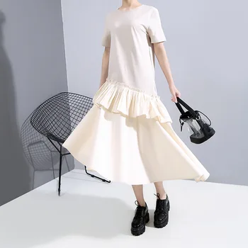 

Womengaga 2020 Summer New Dress Ruffles Asymmetrical Patchwork Casual Loose Empire O-neck Streetwear Pleated Solid A231