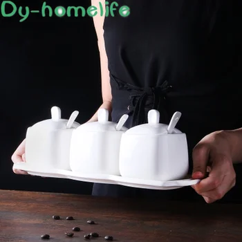 

Creative Minimalist Square White Ceramic Tray with Spoon and Spoon 3-piece Set Home Kitchen Supplies Salt Sugar Pepper Bottle