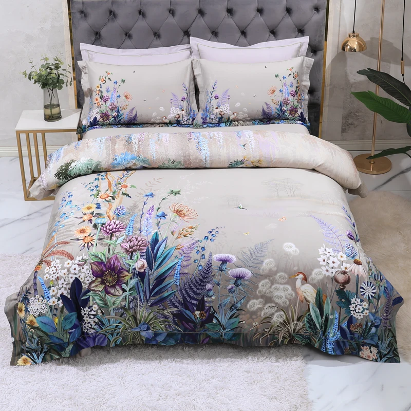 100% Egyptian Cotton 3D Printing Bedding Set Queen King Size 4Pcs Birds Flowers Leaf Gray Duvet Cover Bedsheet Pillow shams
