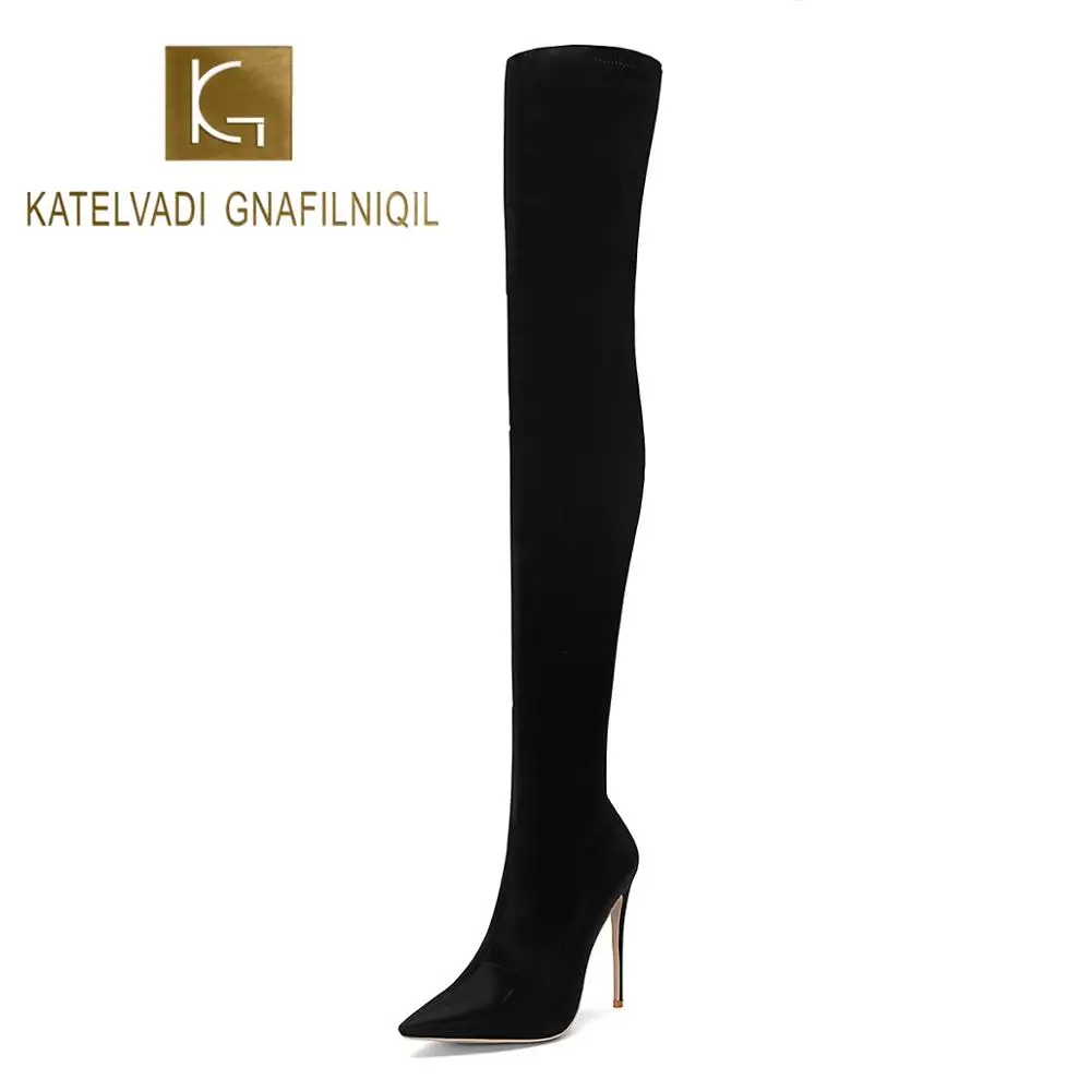 

KATELVADI Thigh High Boots Winter Women Over the Knee Boots Black Stretch Fabric Ladies Long Boots Woman Shoes 5Inches K-587