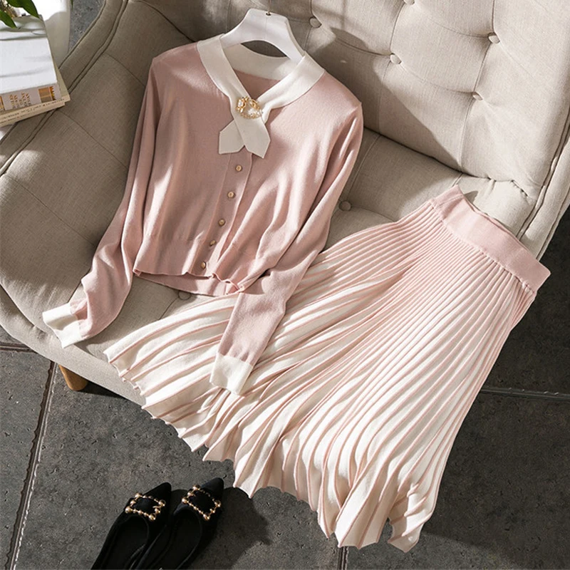 2019 New Fashion Autumn Suit Women Designer Long Sleeve Knit Top and Striped Skirt 2 Piece Set Lady Casual Twinset Outfits