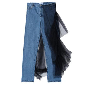 

Women Pencil Jeans Asymmetrical Mesh Spliced High Street Stretch Jeans Pants 2020